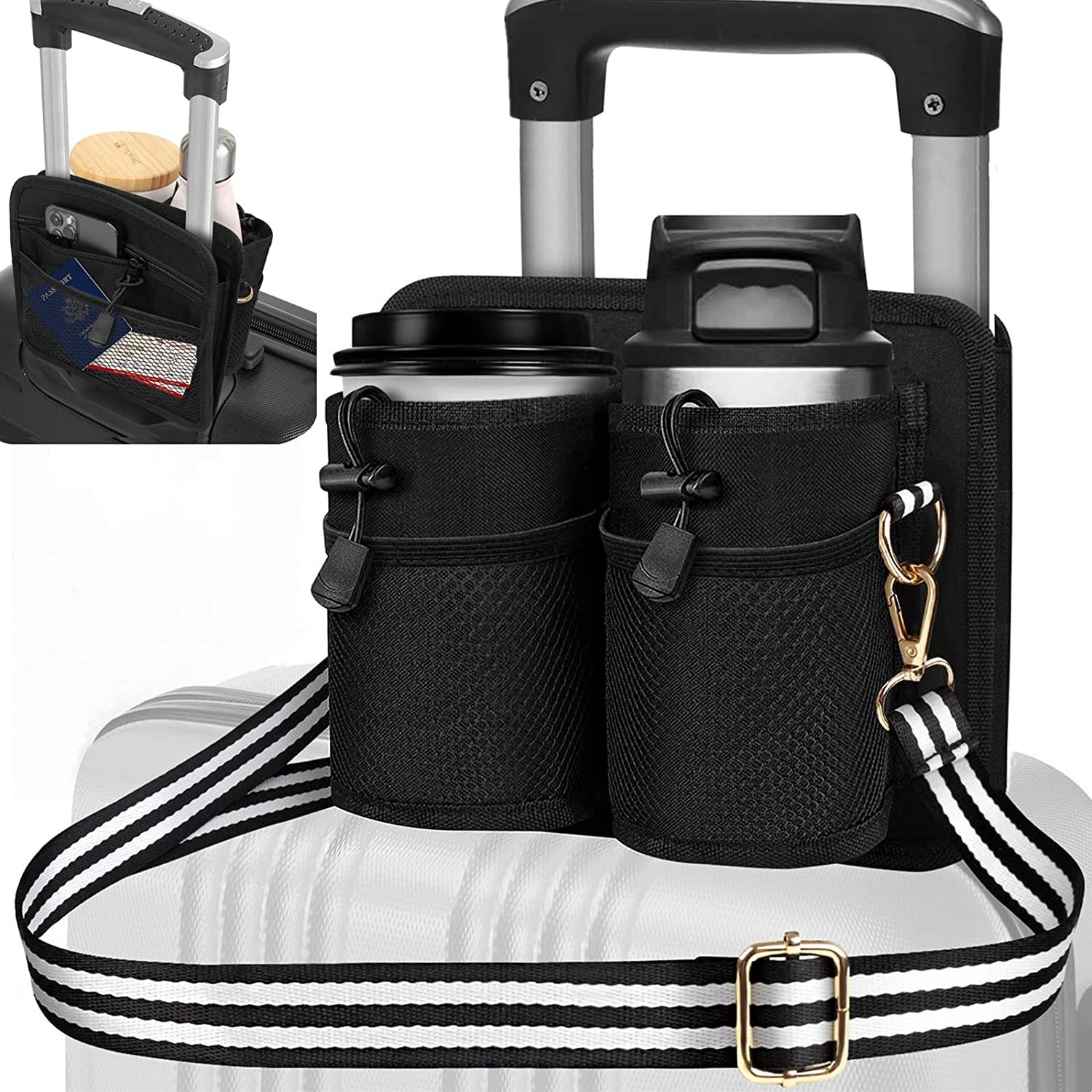 Luggage Cup Holder Bag with Shoulder Strap, Luggage Travel Cup Holder, Travel Drink Suitcase Luggage Holder, Zipper Pock